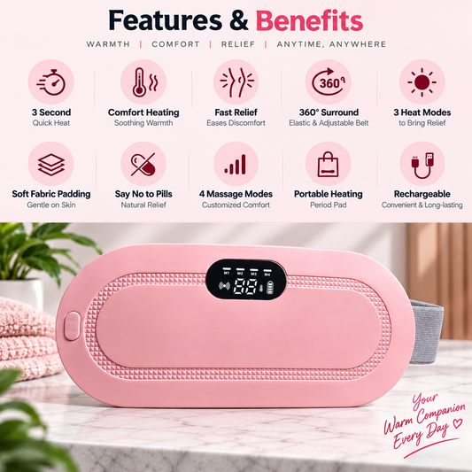 Pink portable electric heating pad shown below a 'Features & Benefits' infographic on a light marble surface with a soft pink blanket in the background. The infographic lists features like quick heat, soothing warmth, fast relief, 360-degree surround, and rechargeable design.