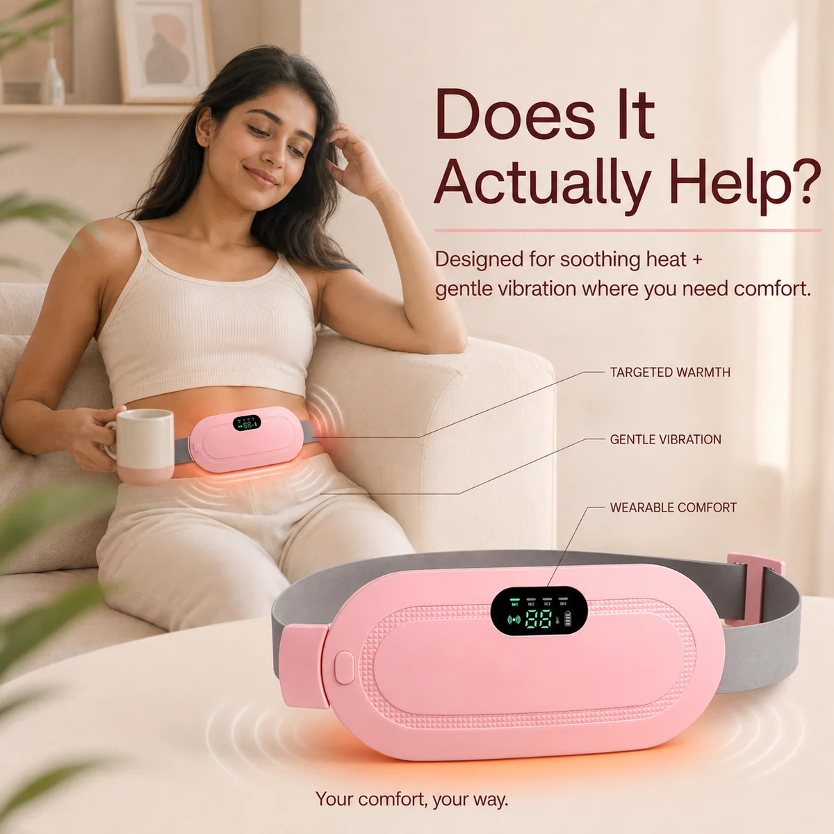 A woman reclines on a sofa wearing a pink abdominal heating pad with a digital display, while a larger close-up of the same pink wearable device appears in the foreground. Text on the image highlights features like targeted warmth, gentle vibration, and wearable comfort.