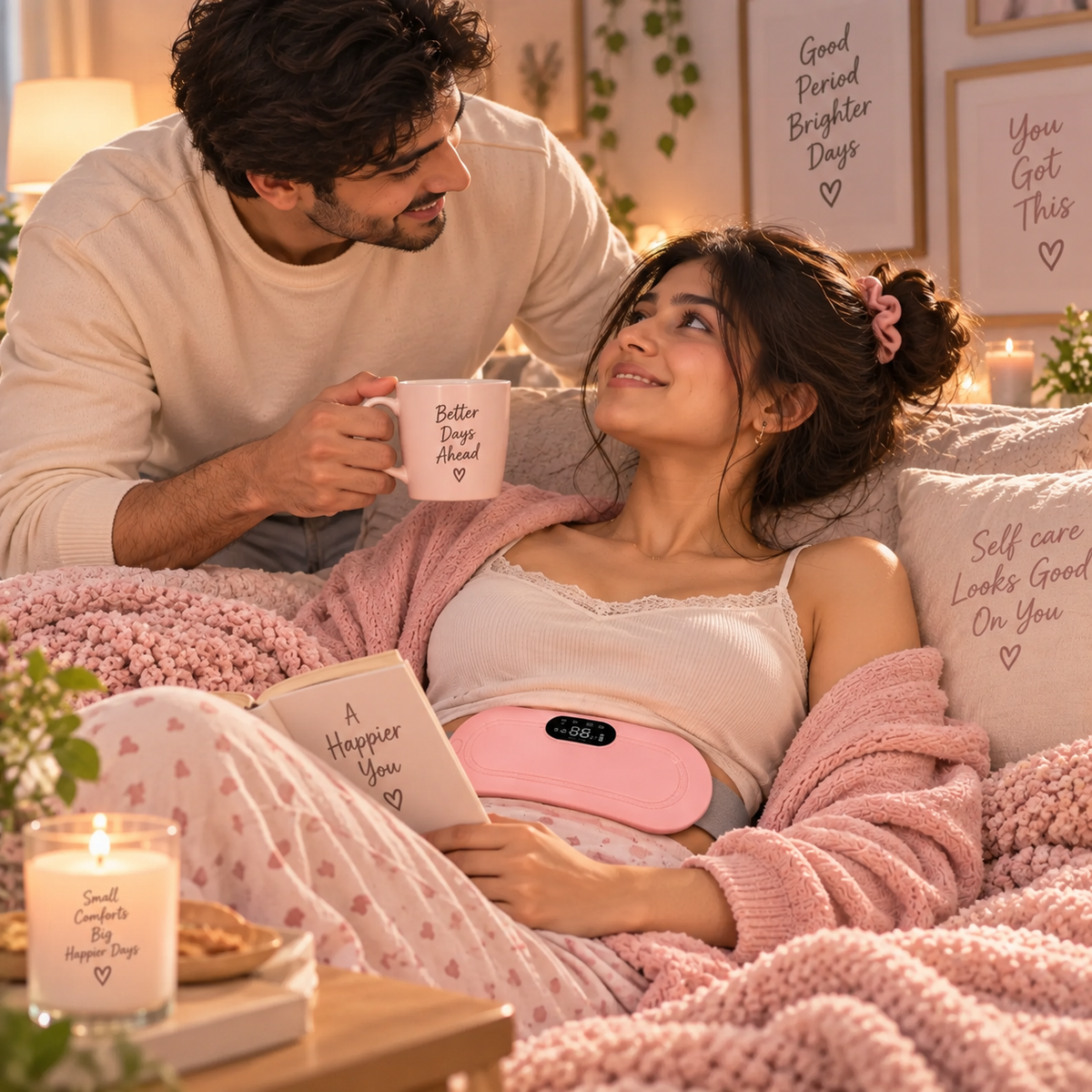 A cozy bedroom scene with a man leaning over a woman in bed. The woman is wearing a pink waist trainer belt with a digital display on the front, wrapped in a chunky pink blanket.
