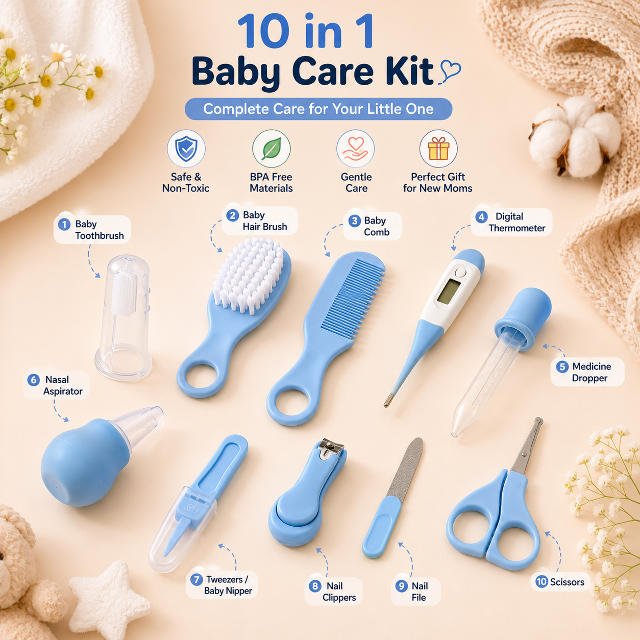 Complete Baby Care Essentials Kit | Premium 10-Piece Grooming Set for Newborns & Infants