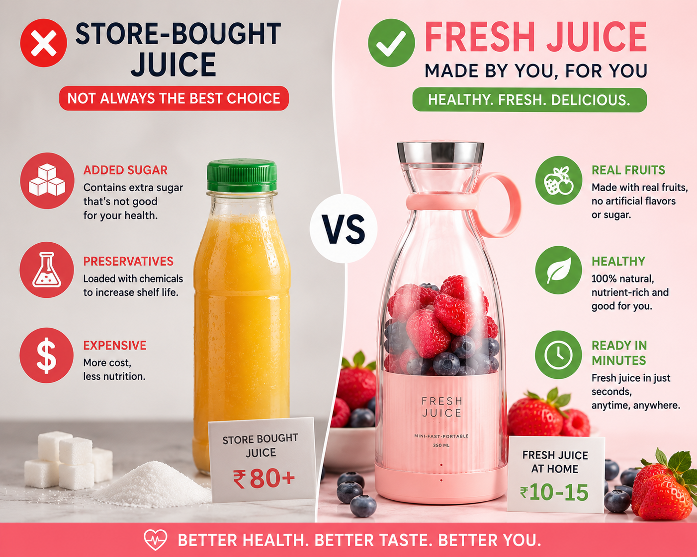 An infographic comparison graphic showing a bottle of orange juice labeled 'STORE-BOUGHT JUICE' on the left and a pink glass juice bottle filled with fresh strawberries and blueberries labeled 'FRESH JUICE' on the right. The graphic includes text highlighting the benefits of fresh juice versus store-bought juice, with icons and price details.