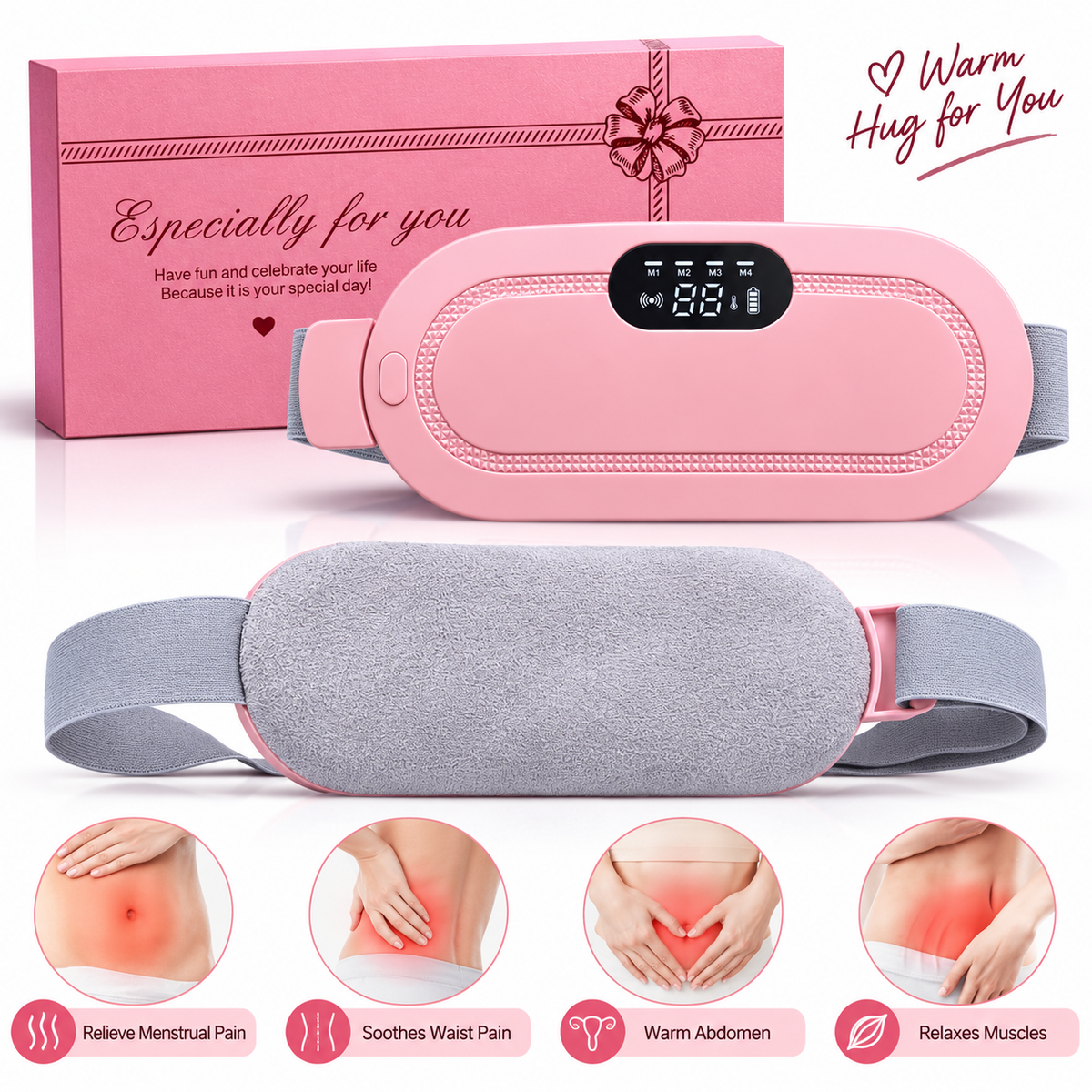 Pink and gray electric abdominal heating pad shown with its pink gift box, plus four circular inset images demonstrating relief of menstrual pain, waist pain, abdominal warmth, and muscle relaxation.
